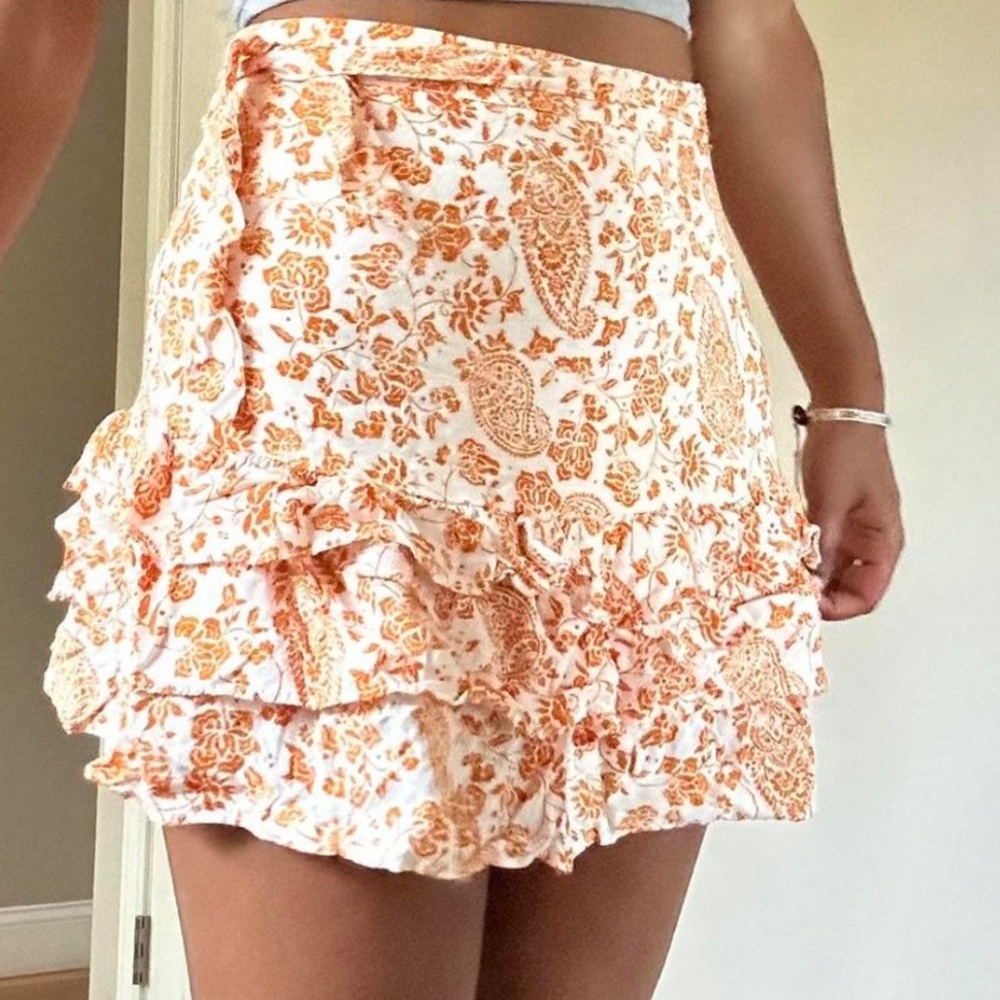 🔶Forever 21 Tangerine orange floral print ruffle tie waist mini skirt‎ Medium